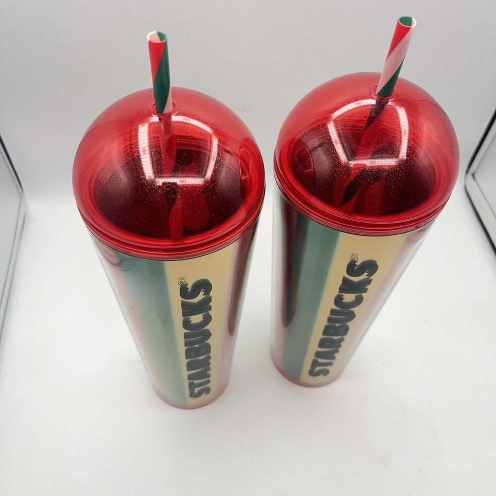 Starbucks 2024 Metallic Red, Green & Gold Stripe Cold Cup - Set Of 2 - Picture 9 of 16